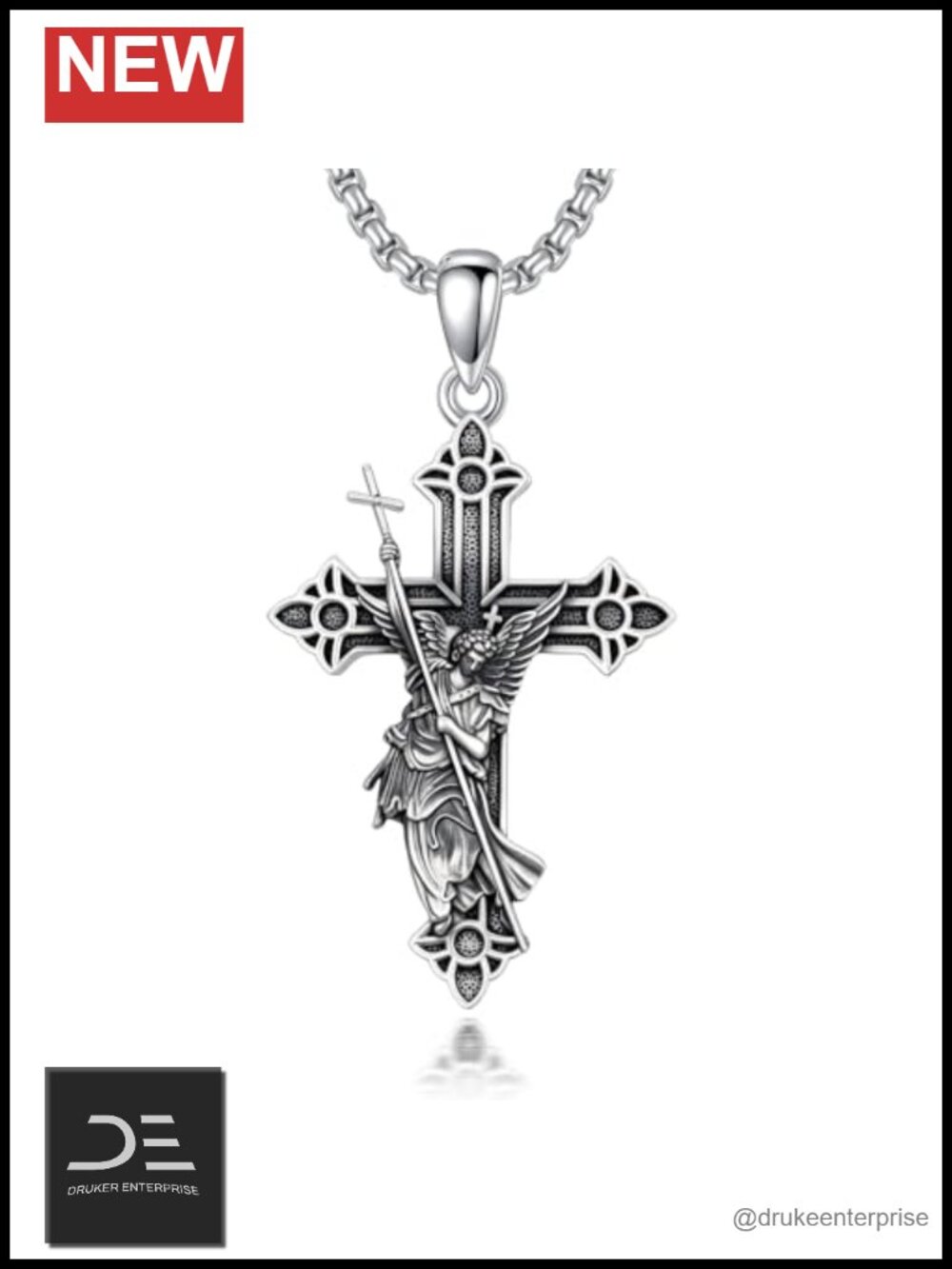 925 Sterling Silver Saint Michael Cross Necklace Spiritual Guardian Angel
